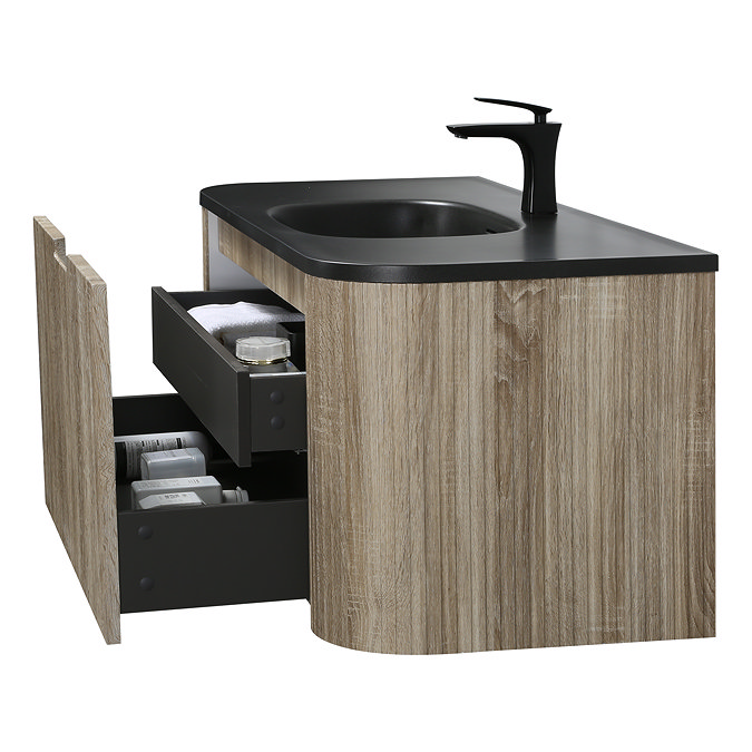 Arezzo 1200mm Slatted Light Oak Wall Mounted Curved Vanity Unit with Matt Black Basin