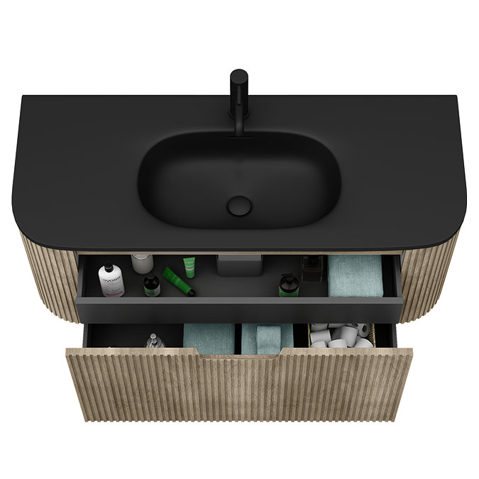 Arezzo 1200mm Slatted Light Oak Wall Mounted Curved Vanity Unit with Matt Black Basin