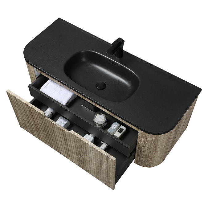 Arezzo 1200mm Slatted Light Oak Wall Mounted Curved Vanity Unit with Matt Black Basin