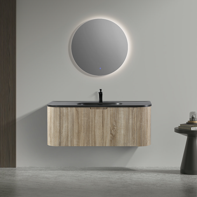 Arezzo 1200mm Slatted Light Oak Wall Mounted Curved Vanity Unit with Matt Black Basin
