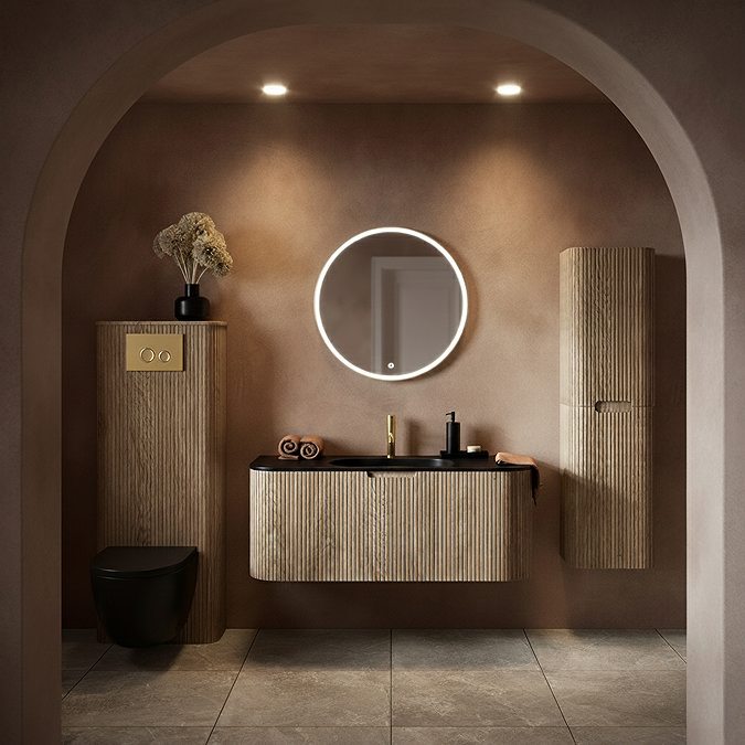 Arezzo 1200mm Slatted Light Oak Wall Mounted Curved Vanity Unit with Matt Black Basin