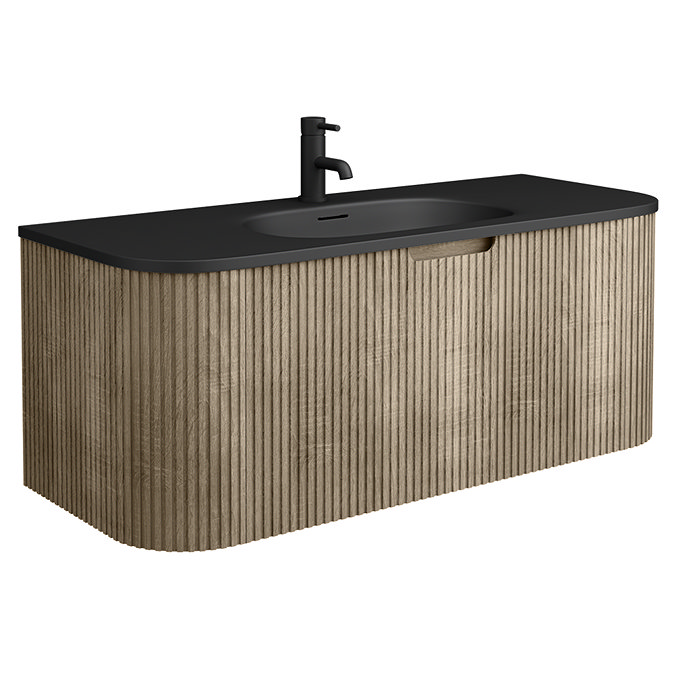 Arezzo 1200mm Slatted Light Oak Wall Mounted Curved Vanity Unit with Matt Black Basin