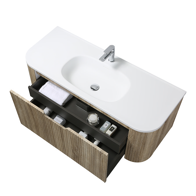 Arezzo 1200mm Slatted Light Oak Wall Mounted Curved Vanity Unit with Matt White Basin