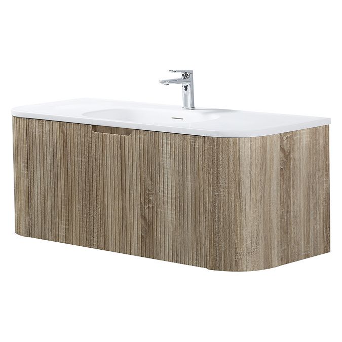 Arezzo 1200mm Slatted Light Oak Wall Mounted Curved Vanity Unit with Matt White Basin