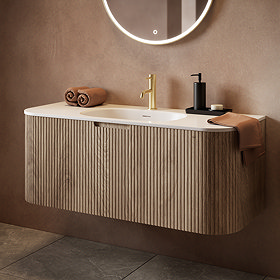 Arezzo 1200mm Slatted Light Oak Wall Mounted Curved Vanity Unit with Matt White Basin