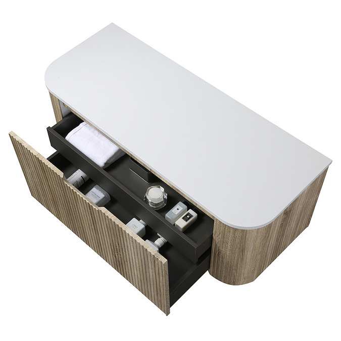 Arezzo 1200mm Slatted Light Oak Wall Mounted Curved Vanity Unit with Matt White Countertop