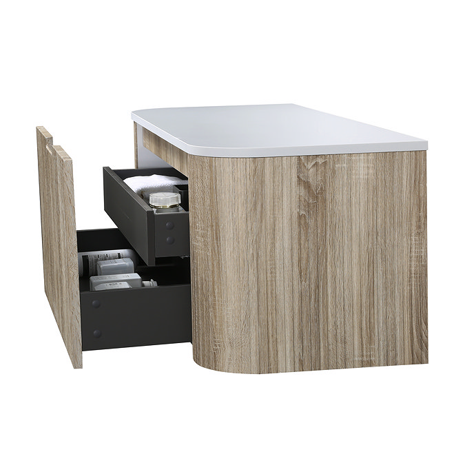Arezzo 1200mm Slatted Light Oak Wall Mounted Curved Vanity Unit with Matt White Countertop