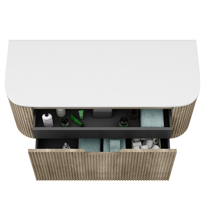 Arezzo 1200mm Slatted Light Oak Wall Mounted Curved Vanity Unit with Matt White Countertop