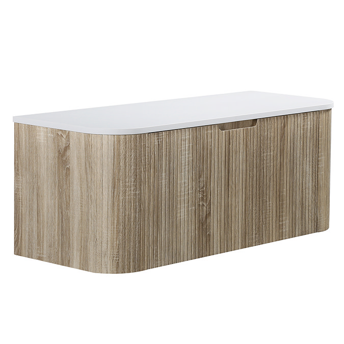 Arezzo 1200mm Slatted Light Oak Wall Mounted Curved Vanity Unit with Matt White Countertop
