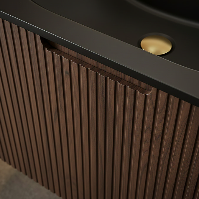 Arezzo 1200mm Slatted Walnut Wall Mounted Curved Vanity Unit with Matt Black Basin