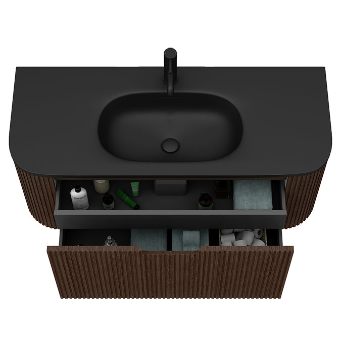 Arezzo 1200mm Slatted Walnut Wall Mounted Curved Vanity Unit with Matt Black Basin