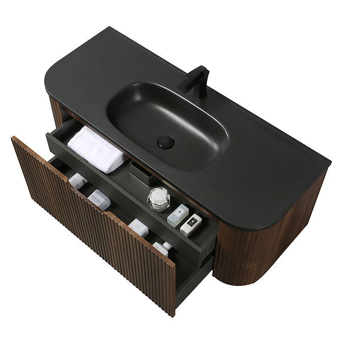 Arezzo 1200mm Slatted Walnut Wall Mounted Curved Vanity Unit with Matt Black Basin