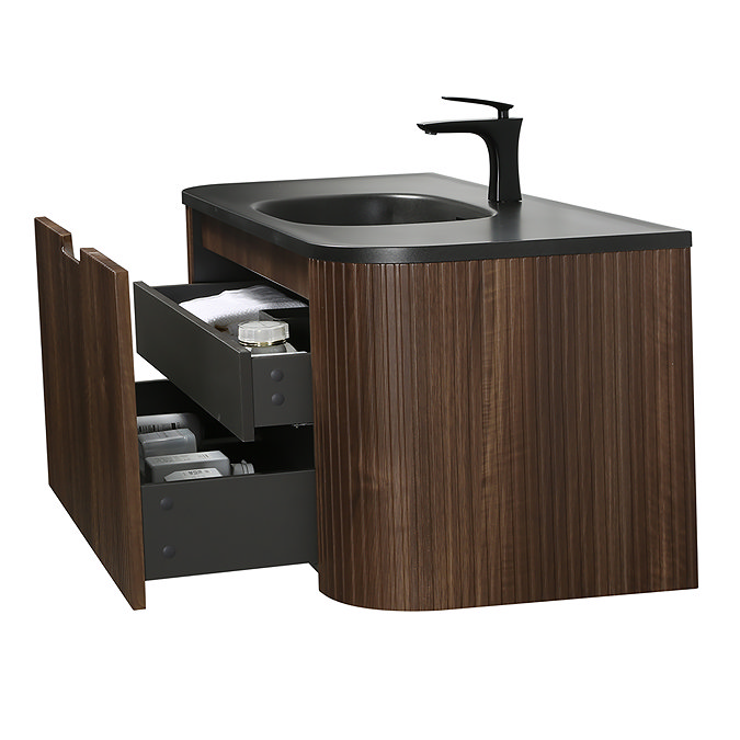 Arezzo 1200mm Slatted Walnut Wall Mounted Curved Vanity Unit with Matt Black Basin