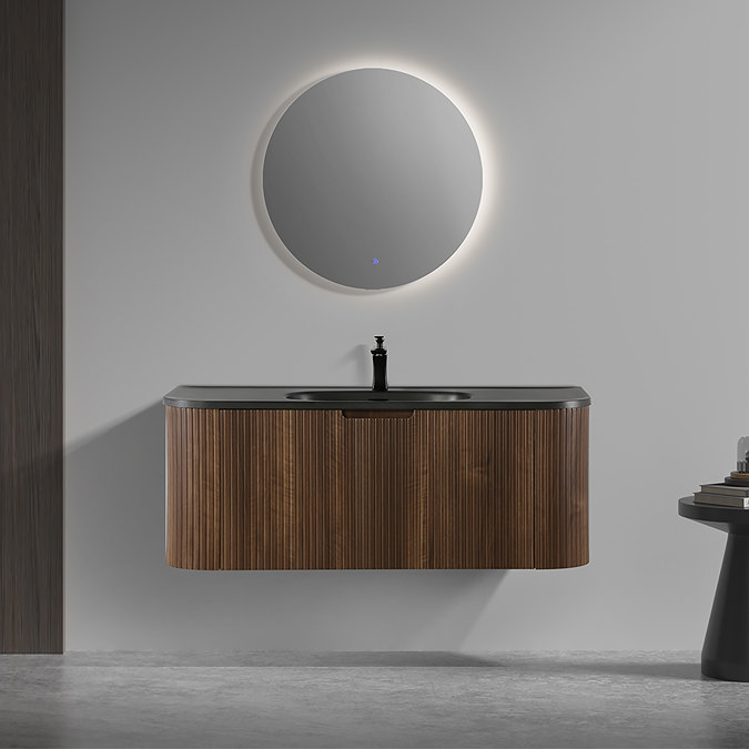 Arezzo 1200mm Slatted Walnut Wall Mounted Curved Vanity Unit with Matt Black Basin