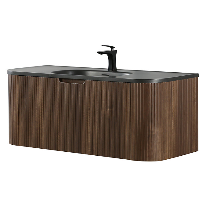Arezzo 1200mm Slatted Walnut Wall Mounted Curved Vanity Unit with Matt Black Basin