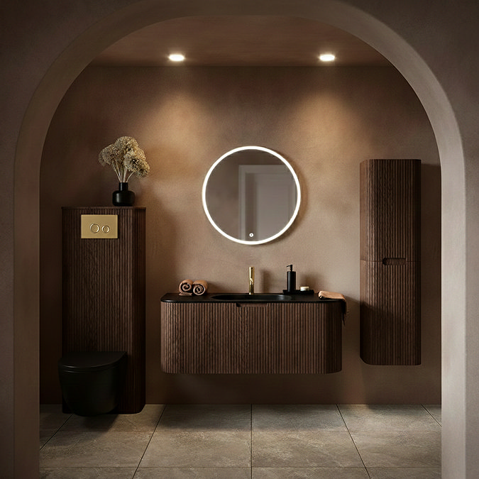 Arezzo 1200mm Slatted Walnut Wall Mounted Curved Vanity Unit with Matt Black Basin