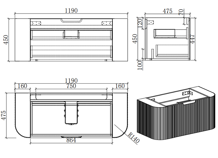Arezzo 1200mm Slatted Walnut Wall Mounted Curved Vanity Unit with Matt Black Basin
