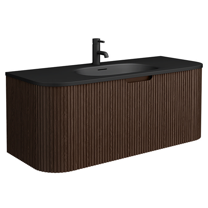 Arezzo 1200mm Slatted Walnut Wall Mounted Curved Vanity Unit with Matt Black Basin