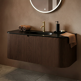 Arezzo 1200mm Slatted Walnut Wall Mounted Curved Vanity Unit with Matt Black Basin
