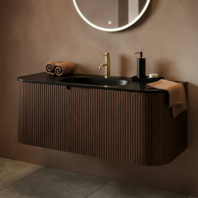 Arezzo 1200mm Slatted Walnut Wall Mounted Curved Vanity Unit with Matt Black Basin