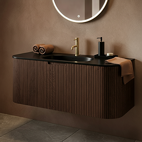 Arezzo 1200mm Slatted Walnut Wall Mounted Curved Vanity Unit with Matt Black Basin