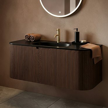 Arezzo 1200mm Slatted Walnut Wall Mounted Curved Vanity Unit with Matt Black Basin