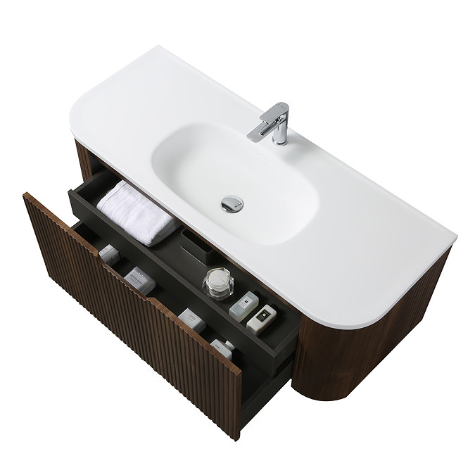 Arezzo 1200mm Slatted Walnut Wall Mounted Curved Vanity Unit with Matt White Basin