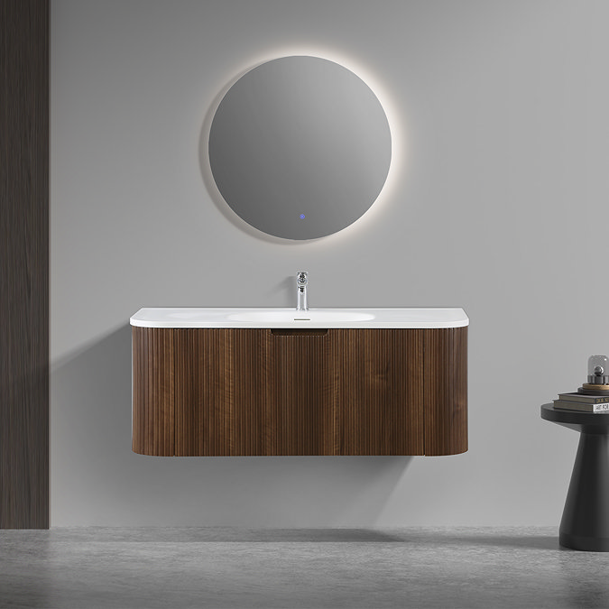 Arezzo 1200mm Slatted Walnut Wall Mounted Curved Vanity Unit with Matt White Basin