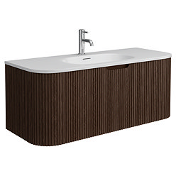Arezzo 1200mm Slatted Walnut Wall Mounted Curved Vanity Unit with Matt White Basin