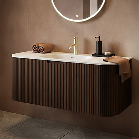 Arezzo 1200mm Slatted Walnut Wall Mounted Curved Vanity Unit with Matt White Basin