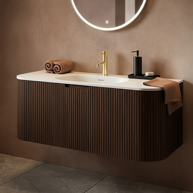 Arezzo 1200mm Slatted Walnut Wall Mounted Curved Vanity Unit with Matt White Basin