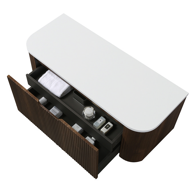 Arezzo 1200mm Slatted Walnut Wall Mounted Curved Vanity Unit with Matt White Countertop