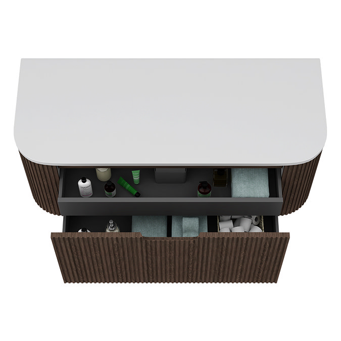 Arezzo 1200mm Slatted Walnut Wall Mounted Curved Vanity Unit with Matt White Countertop