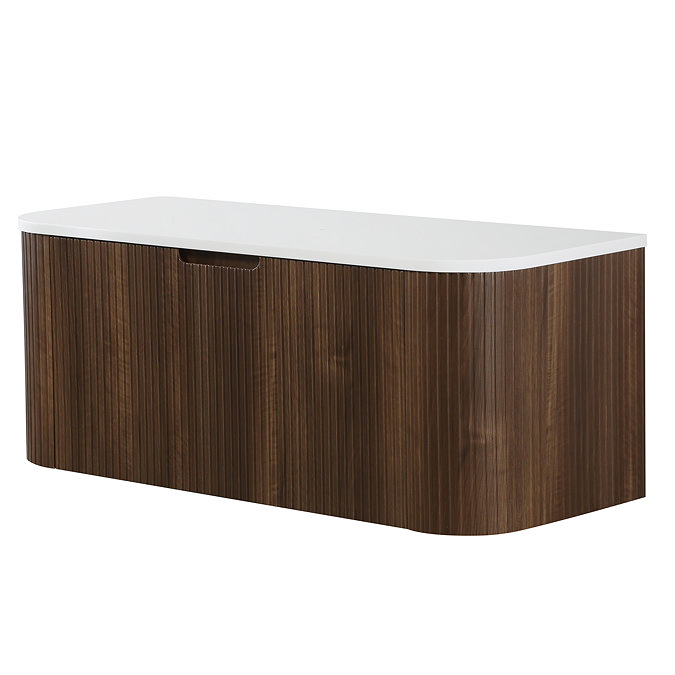 Arezzo 1200mm Slatted Walnut Wall Mounted Curved Vanity Unit with Matt White Countertop