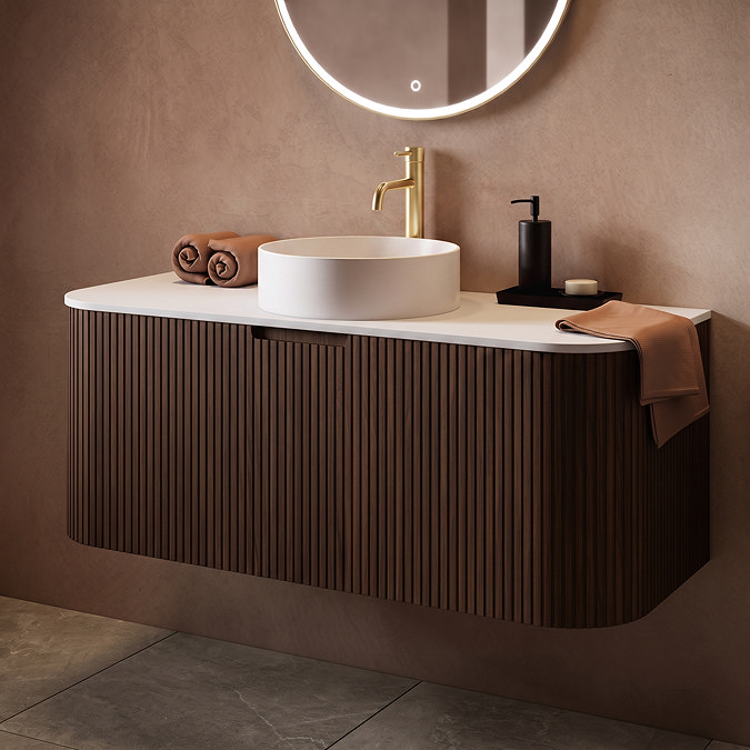Arezzo 1200mm Slatted Walnut Wall Mounted Curved Vanity Unit with Matt White Countertop