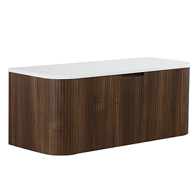 Arezzo 1200mm Slatted Walnut Wall Mounted Curved Vanity Unit with Matt White Countertop
