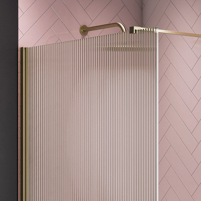 Arezzo 1400 x 900 Fluted Glass Brushed Brass Profile Wet Room (800mm Screen, Square Support Arm + Tr