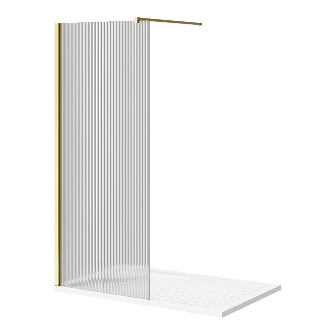 Arezzo 1400 x 900 Fluted Glass Brushed Brass Profile Wet Room (800 Screen, Square Support Arm + Tray)  In Bathroom Large Image