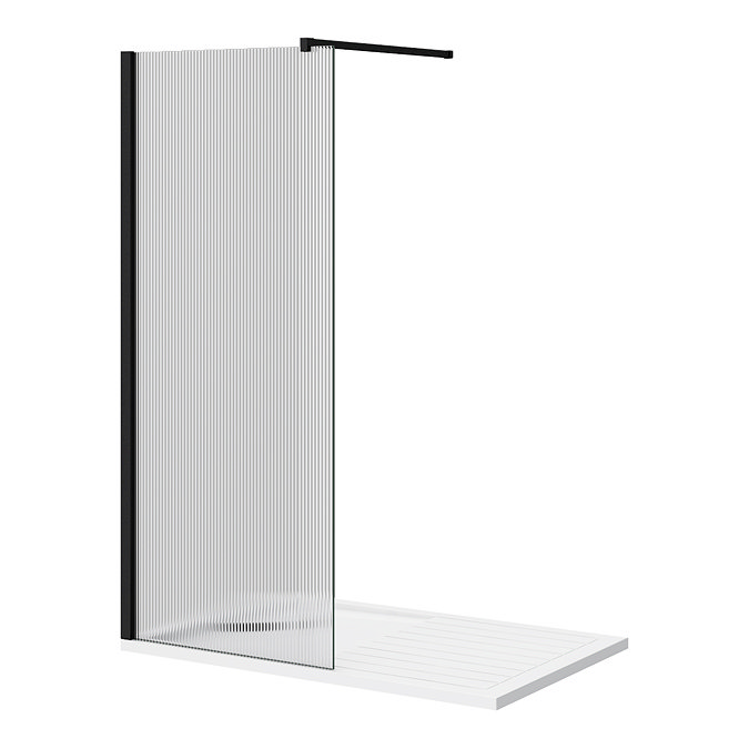 Arezzo 1400 x 900 Fluted Glass Matt Black Profile Wet Room (800mm Screen, Square Support Arm + Tray)  In Bathroom Large Image