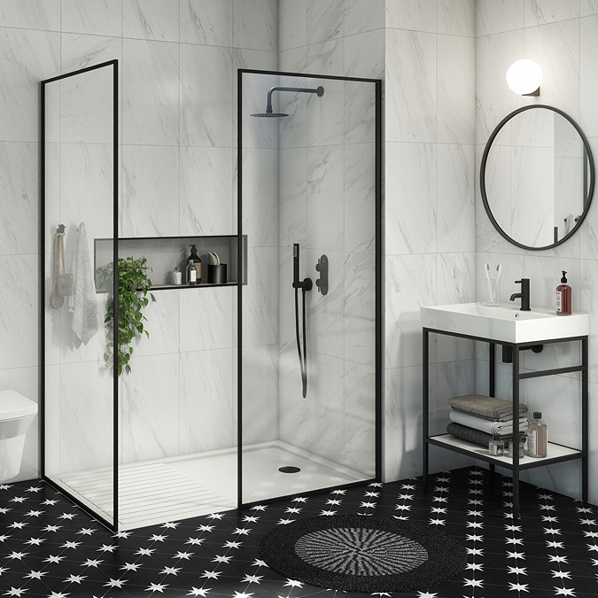 Arezzo 1400 x 900 Walk In Enclosure (incl. 800 Matt Black Framed Screen, Side Panel + White Tray) La