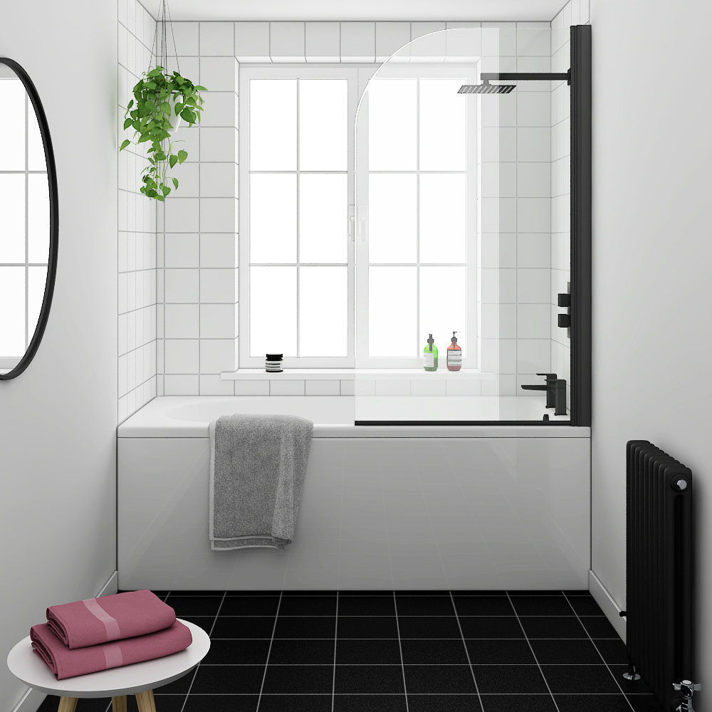 Arezzo 1435 x 770 Matt Black Curved Top 6mm Glass Pivot Bath Screen Profile Large Image