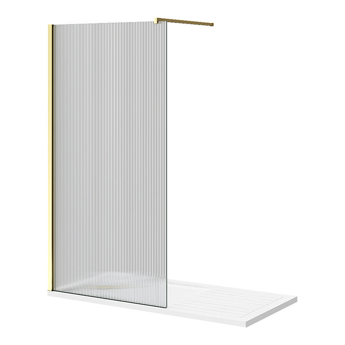 Arezzo 1600 x 800 Fluted Glass Brushed Brass Profile Wet Room (1000 Screen, Square Support Arm + Tray)  In Bathroom Large Image