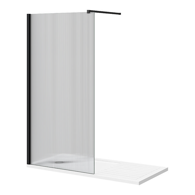 Arezzo 1600 x 800 Fluted Glass Matt Black Profile Wet Room (1000 Screen, Square Support Arm + Tray)  In Bathroom Large Image