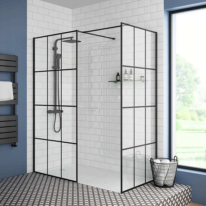 Arezzo 1600 x 800 Matt Black Grid Wet Room (Inc. Screen, Side Panel + Tray) Large Image