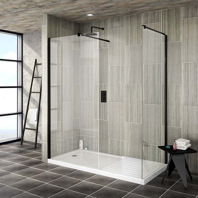 Turin 1600 x 800 Matt Black Wet Room (Inc. Screen, Side Panel + Tray) Large Image