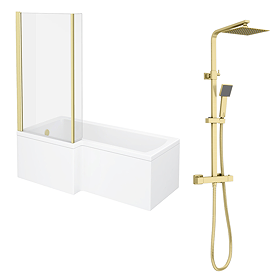 Arezzo 1700 L-Shaped Shower Bath with Brushed Brass Exposed Shower Pack and Screen