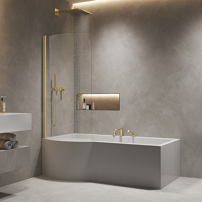 Arezzo 1700mm P-Shaped Shower Bath with Screen & Front Panel - Matt Black