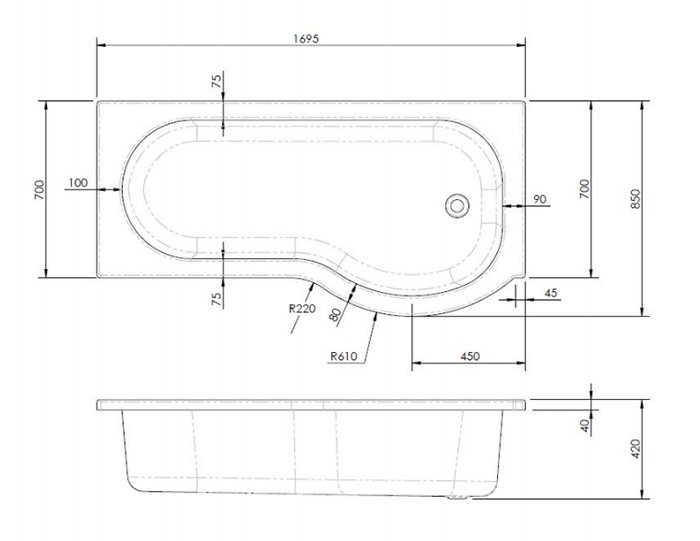 Arezzo 1700mm P-Shaped Shower Bath with Screen & Front Panel - Brushed Brass