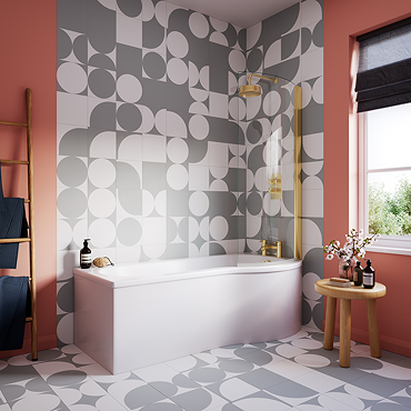 Arezzo 1700mm P-Shaped Shower Bath with Screen & Front Panel - Brushed Brass