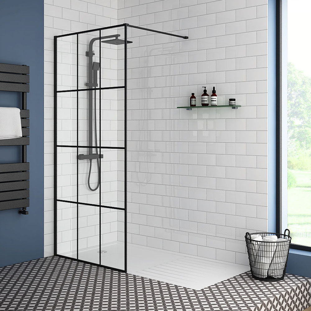 Arezzo 1700 x 800 Matt Black Grid Wet Room Inc. Screen Tray